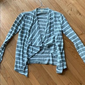 Gray and white striped open front cardigan